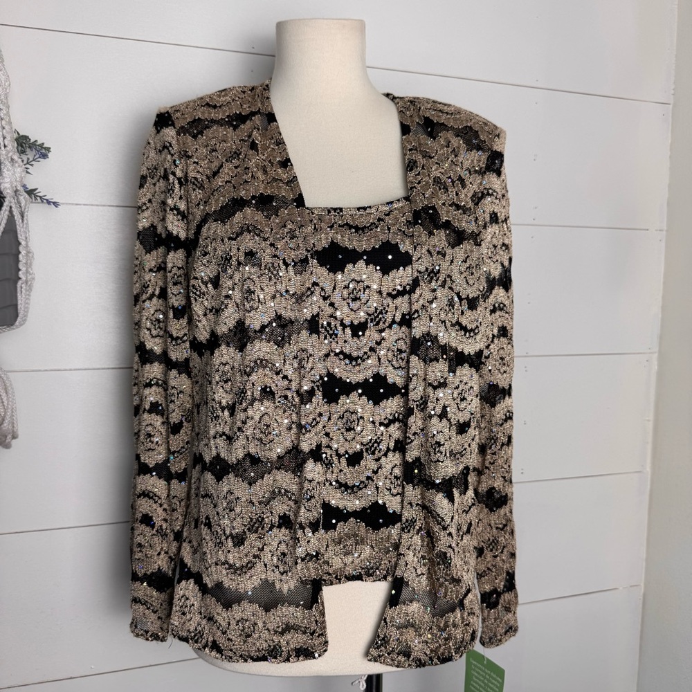R&M Richards Vintage Black Gold Lace Sequins 1 Piece Layered Jacket Top Sz 6 NWT